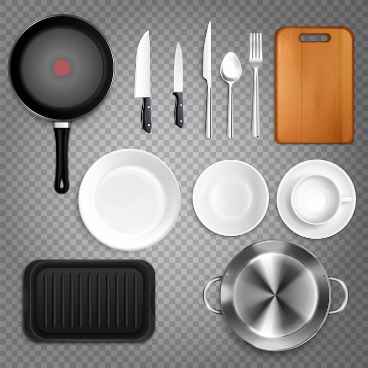 Free Vector kitchen utensils realistic set top view  with cutlery knives plates cutting board frying pan transparent
