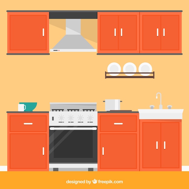 Free vector kitchen with orange furniture