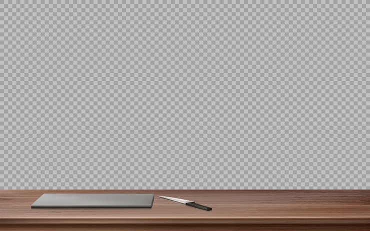 Free Vector kitchen wooden table with cutting board and knife