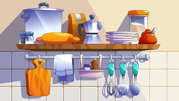 Free vector kitchenware on shelf hanging on tiled wall