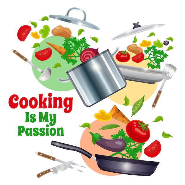 Free vector kitchenware and vegetables composition