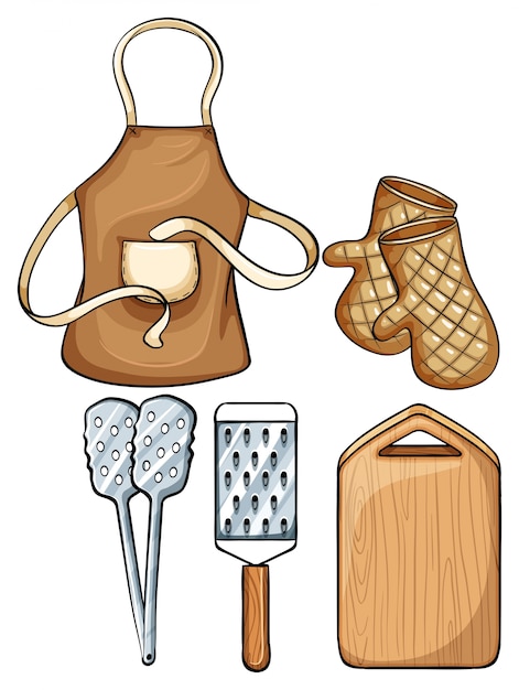 Utensili da cucina con grembiule e mittens illustrazione