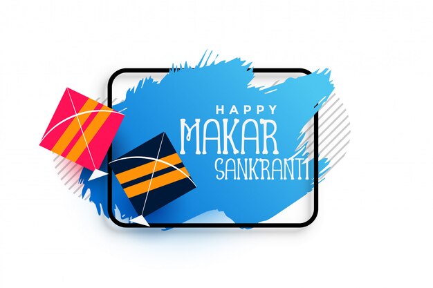 Kites makar sankranti background with blue brush watercolor stroke