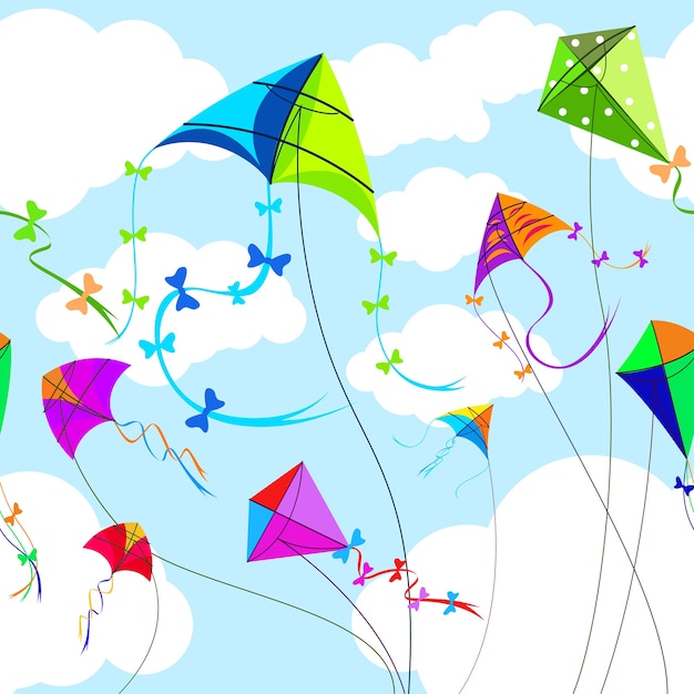 Free vector kites and sky with clouds horizontal seamless pattern. toy and play,  wind and game, sky and freedom