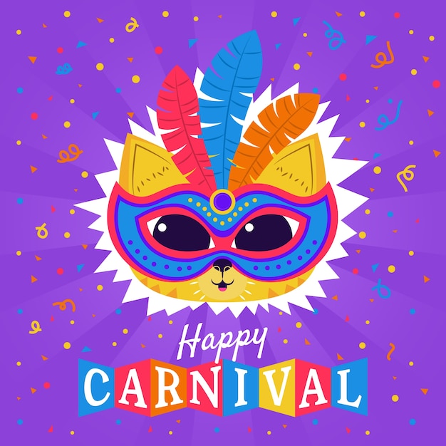 Free vector kitten wearing a mask with feathers for carnival