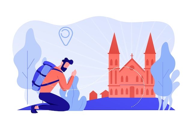 Free vector kneeling pilgrim reached famous christian cathedral and praying. christian pilgrimages, go on pilgrimage, visit the saint places concept. pinkish coral bluevector isolated illustration