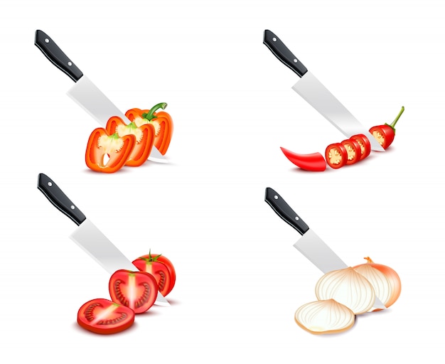 Free vector knife chopping vegetable 3d design with tomato paprika onion chili set on white background isolated vector illustration