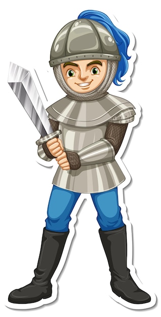 Un cavaliere in armatura che tiene l'adesivo del personaggio dei cartoni animati con la spada