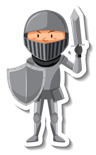 Vettore gratuito cavaliere in armatura con adesivo cartone animato spada e scudo