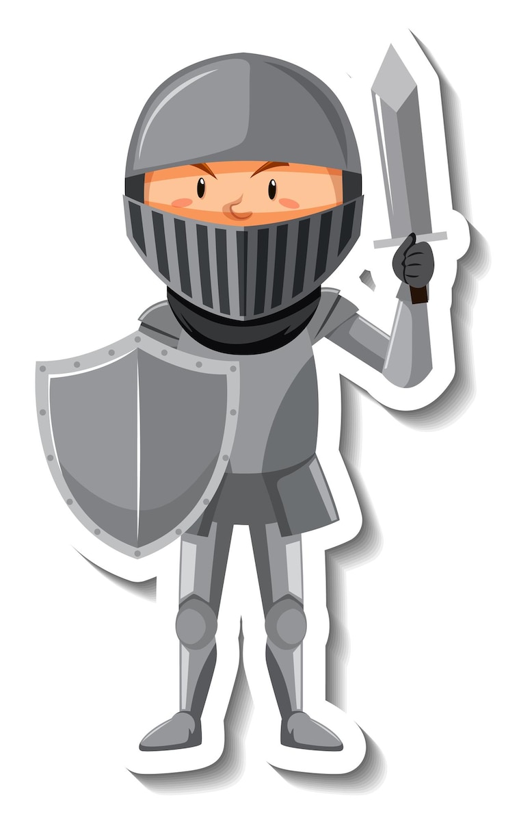Бесплатный Вектор knight in armour with sword and shield cartoon sticker