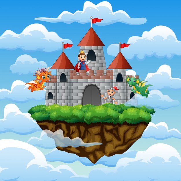 Premium Vector Witches And Dragon Flew Around The Castle On The Clouds