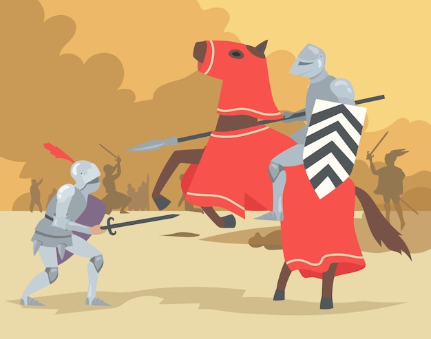 Knight on horse and dismount warrior fighting