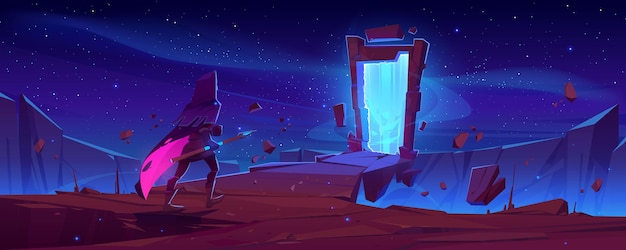 Free vector knight and magic portal in stone frame on mountain landscape at night. vector cartoon fantasy illustration with man in medieval costume with spear and ancient arch with mystic blue glow