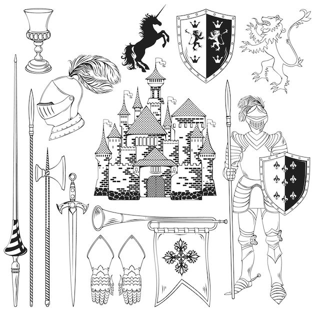 Бесплатное векторное изображение Рыцарь монохромный набор иконок