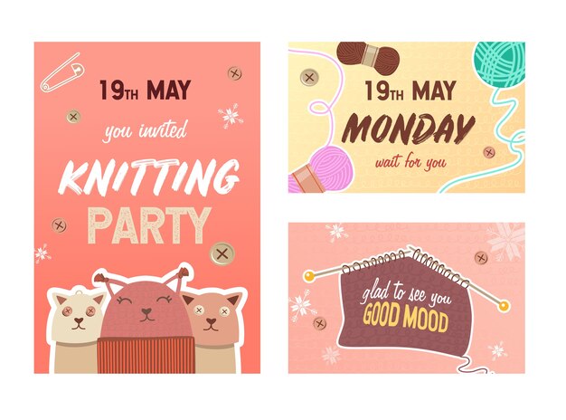 Knitting party invitation cards  set. pins and yarns, knitted toys vector illustrations with text, time and date. handmade hobby concept for flyers and postcards design