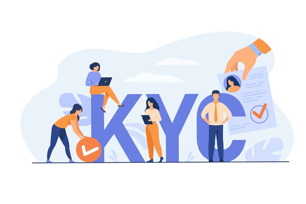 Know your customer concept. Marketing team doing research, collecting client surveys, analyzing risks. Business group using laptops and documents near KYC huge letters