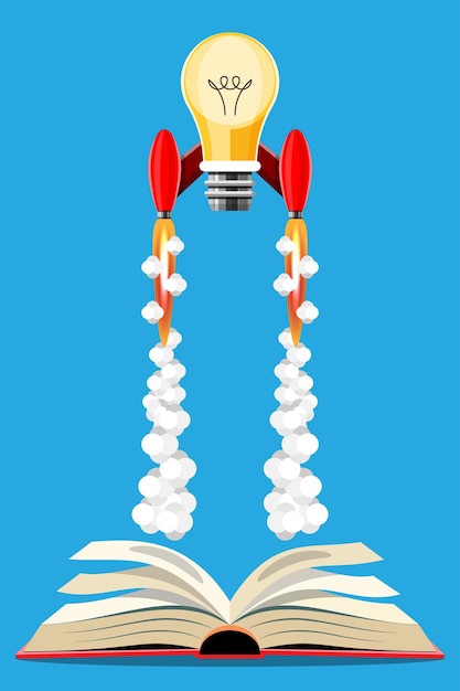 Vettore gratuito idea di concetto di conoscenza. illustrazione del fumetto libro del modulo di lancio del razzo di idea. illustrazione in stile 3d