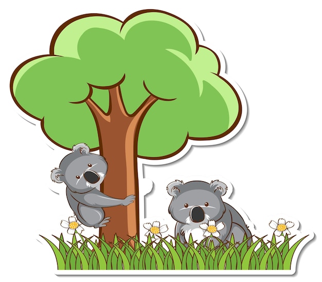 Koala mom and baby standing in grass field sticker