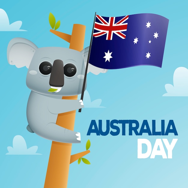 Koala su un tronco che tiene bandiera australiana