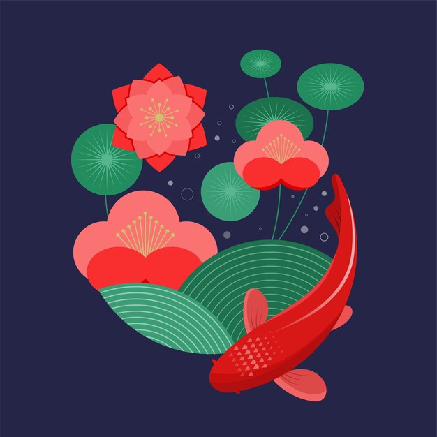 鯉は魚のイラストです 鯉 白い背景に 中国の金魚のイメージに日本の鯉魚 スイミング東洋の金魚が青の背景に設定します プレミアムベクター