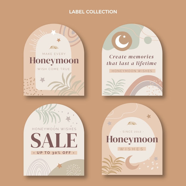 Koleksi label bulan madu boho yang digambar tangan