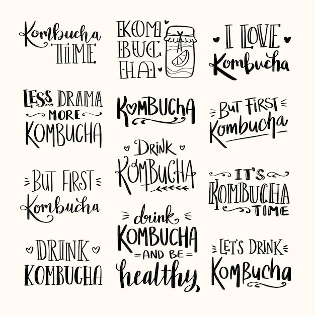 Free vector kombucha tea lettering collection