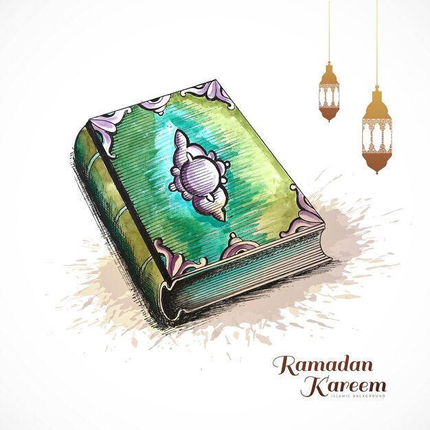 Vettore gratuito corano libro sacro ramadan kareem biglietto di auguri per i musulmani