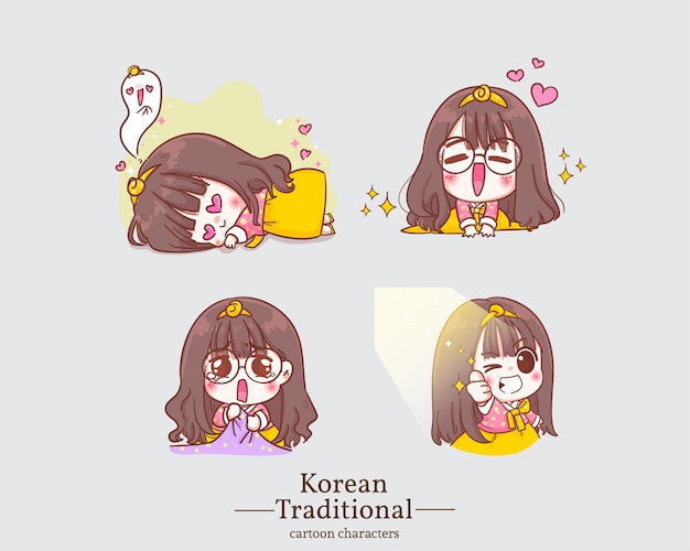 伝統的な韓国の韓服の漫画の幸せなかわいい女の子の韓国のキャラクター セットイラスト プレミアムベクター