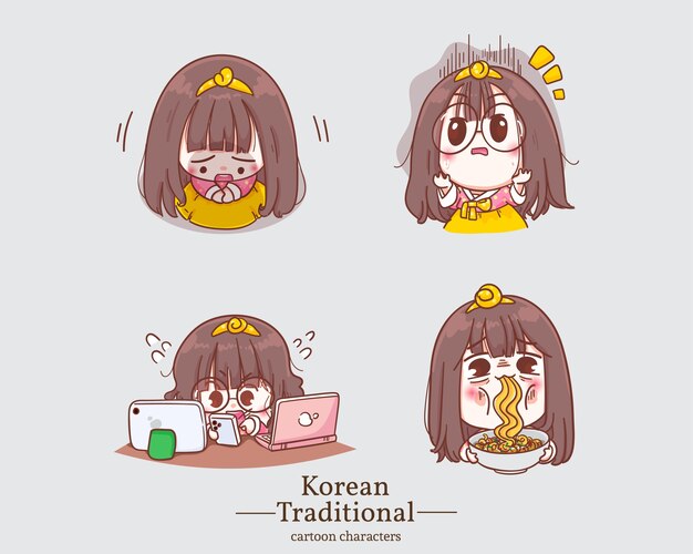伝統的な韓国の韓服の漫画の韓国のキャラクター幸せなかわいい女の子 セットイラスト プレミアムベクター