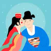 無料ベクター 韓国文化手描きフラット結婚式イラスト
