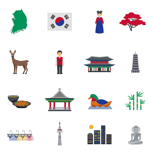 Korean culture symbols flat icons set