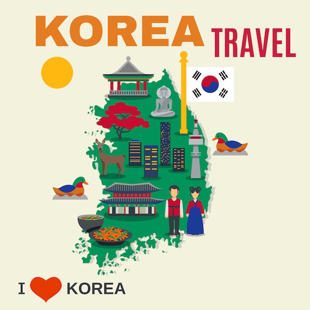 Free vector korean culture symbols map travel poster