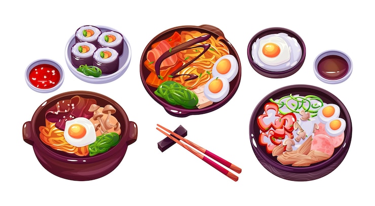 無料Vector 韓国料理のアイコンビビンパップとアジア米飯