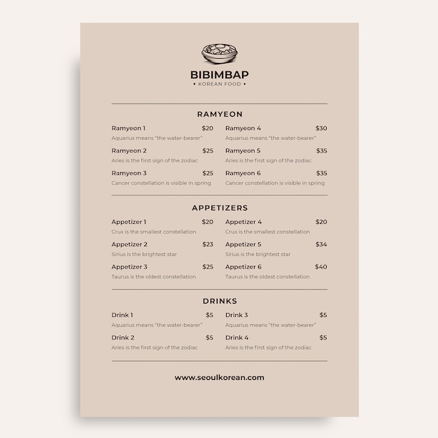 Design del modello di menu coreano