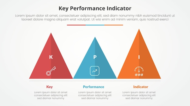 무료 벡터 주요 성과 지표 (kpi) 모델 인포그래픽은 3자리 피라미드 모양의 슬라이드 프레젠테이션을 위한 개념이며, 평평한 스타일의 3점 목록과 함께 수평입니다.