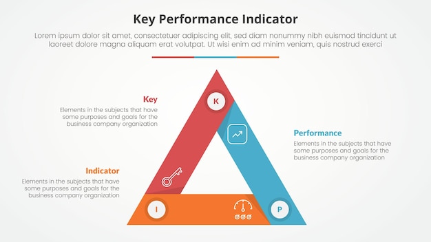 Vettore gratuito modello infografico dell'indicatore chiave di prestazione kpi per la presentazione di diapositive con ciclo triangolare bordo acuto circolare con lista a 3 punti con stile piatto