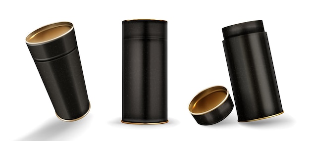 Kraft tube boxes mockup, closed and open cardboard cylinders of speckled black color