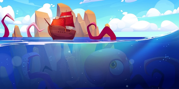 Kraken attacks ship in sea. vector cartoon illustration of big\
octopus with tentacles underwater and wooden vessel with red sails\
in ocean. giant marine animal, monster cephalopod under water