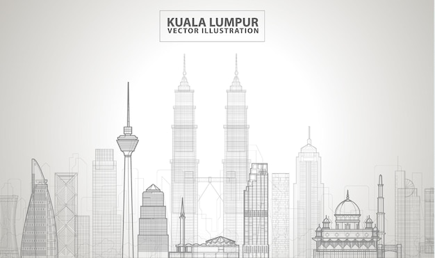 Sagoma dettagliata di kuala lumpur. illustrazione della linea vettoriale.