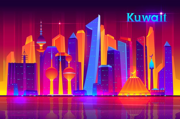 Kuwait metropolis nightlife cartoon banner template with modern asian, muslim culture city