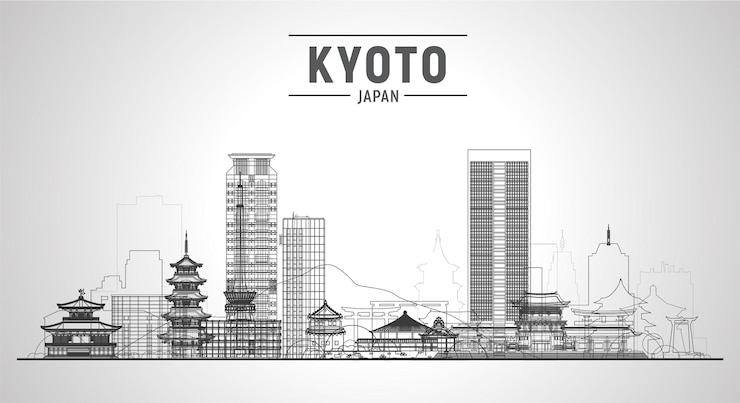 無料Vector 白い背景のパノラマと京都日本線スカイラインベクトル図近代的な建物とビジネス旅行と観光の概念