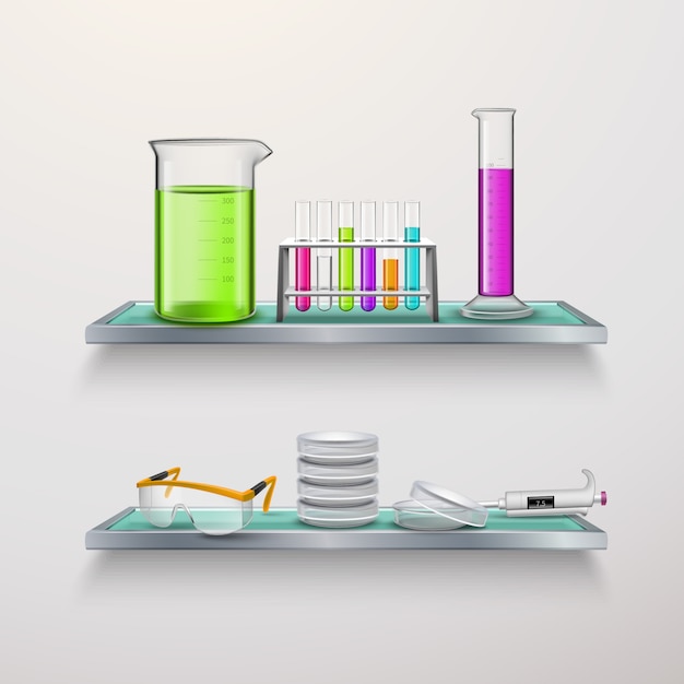 Free vector lab equipment on shelves composition