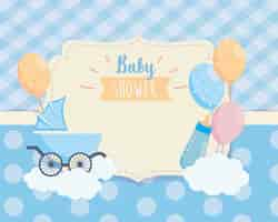 Free vector label of baby carriage and balloons deccoration