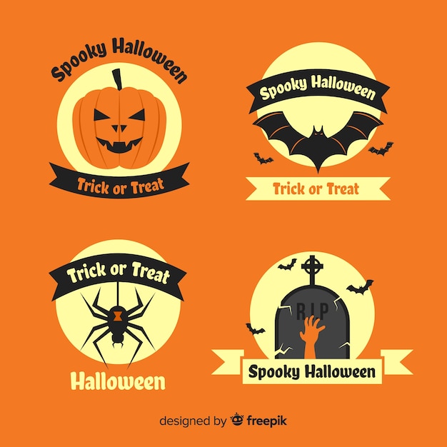 Label collection of flat halloween on orange shades