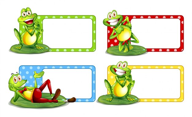 Label design with green frogs on leaves illustration