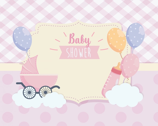 Free vector label of feeding bottle with balloons and clouds decoration
