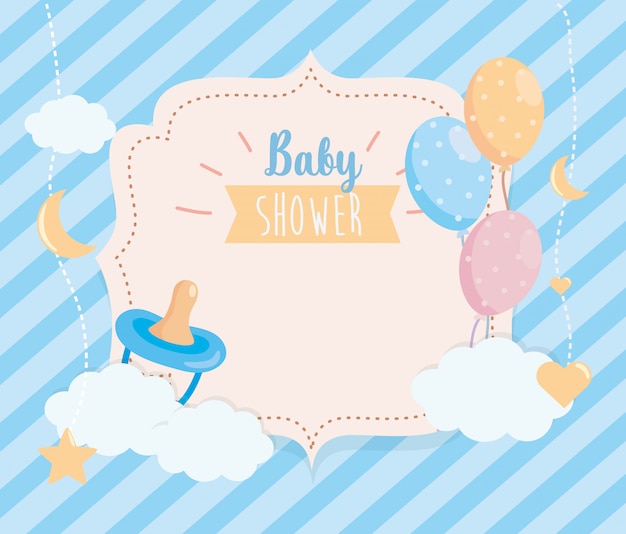 Free vector label of pacifier with balloons and clouds decoration