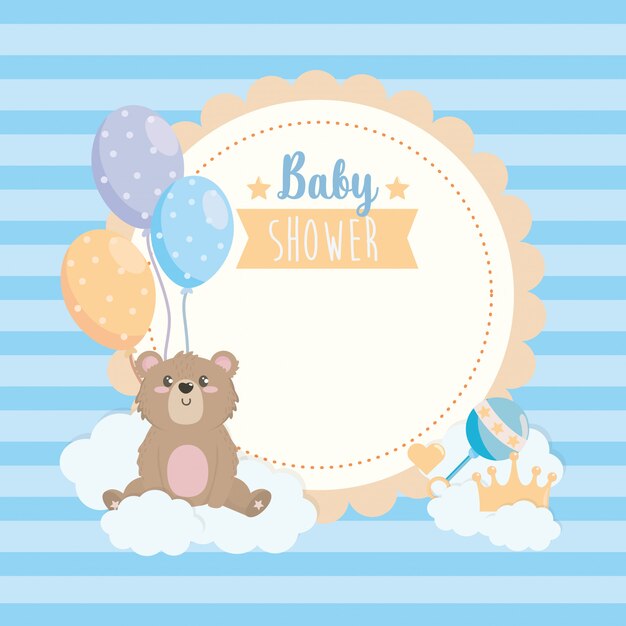 Label of teddy bear with ballons and clouds