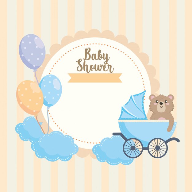 Label of teddy bear with carriage and balloons decoration