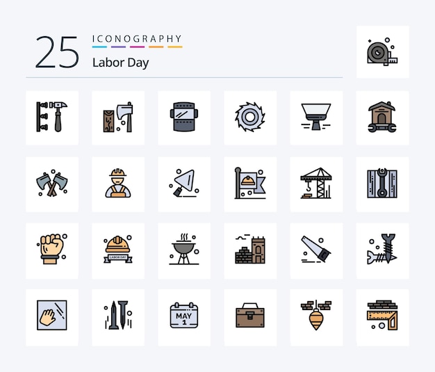 Free vector labor day 25 line filled icon pack including brush blades wood cutter weld